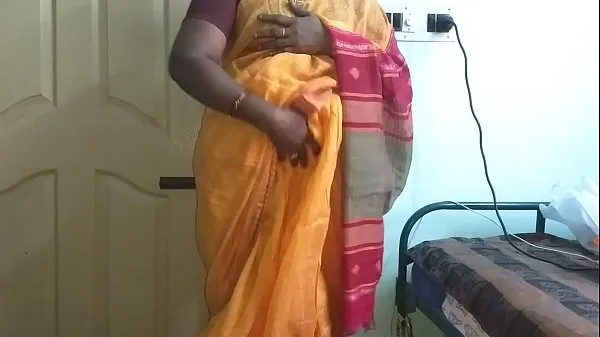 نئے desi indian horny tamil telugu kannada malayalam hindi cheating wife vanitha wearing orange colour saree showing big boobs and shaved pussy press hard boobs press nip rubbing pussy masturbation گرم کلپس