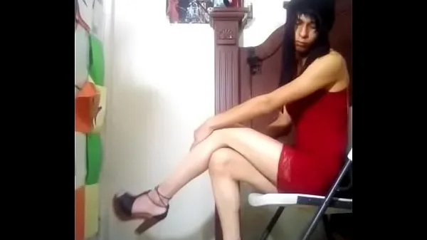نئے Sexy skinny Tranny in high heels with his long horny legs enjoying chair PART 2 گرم کلپس