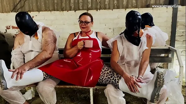 New Mistress April and Ms Kitten on a farm using their slaves warm Clips