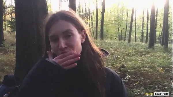 New Young shy Russian girl gives a blowjob in a German forest and swallow sperm in POV (first homemade porn from family archive warm Clips