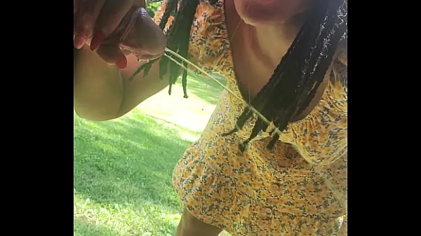 New Outside hiding under porch peeing licking my fingers then sucking my masters cock warm Clips
