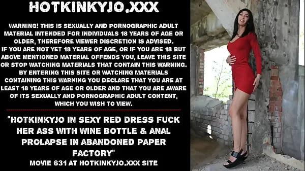 New Hotkinkyjo in sexy red dress fuck her ass with wine bottle & anal prolapse in abandoned paper factory warm Clips
